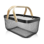 Matte Black Mesh Storage Basket with Foldable Wooden Handle for Multi-Purpose Organization