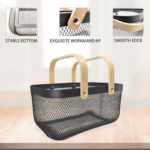 Matte Black Mesh Storage Basket with Foldable Wooden Handle for Multi-Purpose Organization - Image 3