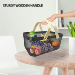 Matte Black Mesh Storage Basket with Foldable Wooden Handle for Multi-Purpose Organization - Image 4