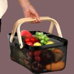 Matte Black Mesh Storage Basket with Foldable Wooden Handle for Multi-Purpose Organization - Image 2