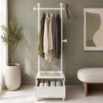 155cm Rolling Garment Rack with Wood-Top Storage Drawer and Coat Hooks - Image 3