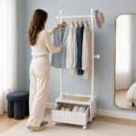 155cm Rolling Garment Rack with Wood-Top Storage Drawer and Coat Hooks - Image 4