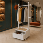 155cm Rolling Garment Rack with Wood-Top Storage Drawer and Coat Hooks - Image 5