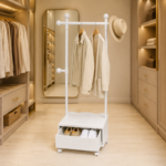 155cm Rolling Garment Rack with Wooden Storage Drawer and Coat Hooks - Image 4