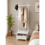 155cm Rolling Garment Rack with Wooden Storage Drawer and Coat Hooks - Image 5