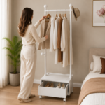 155cm Rolling Garment Rack with Wooden Storage Drawer and Coat Hooks - Image 3