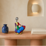 22cm Abstract Painted Metal Figurine with Silver Head in Seated Pose for Home Decor - Image 2