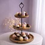Acacia Wood Cupcake Stand with Ornate Metal Handle for Dessert Display - Image 3