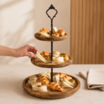 Acacia Wood Cupcake Stand with Ornate Metal Handle for Dessert Display - Image 2