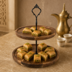 Acacia Wood Cupcake Stand with Ornate Metal Handle for Dessert Display - Image 6