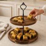 Acacia Wood Cupcake Stand with Ornate Metal Handle for Dessert Display - Image 4