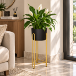 Black Ceramic Planter with Gold Hairpin Leg Stand for Indoor Plant Display - Image 3