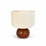 Cream Ceramic Bowl with Round Wooden Sphere Base for Dessert Serving and Display