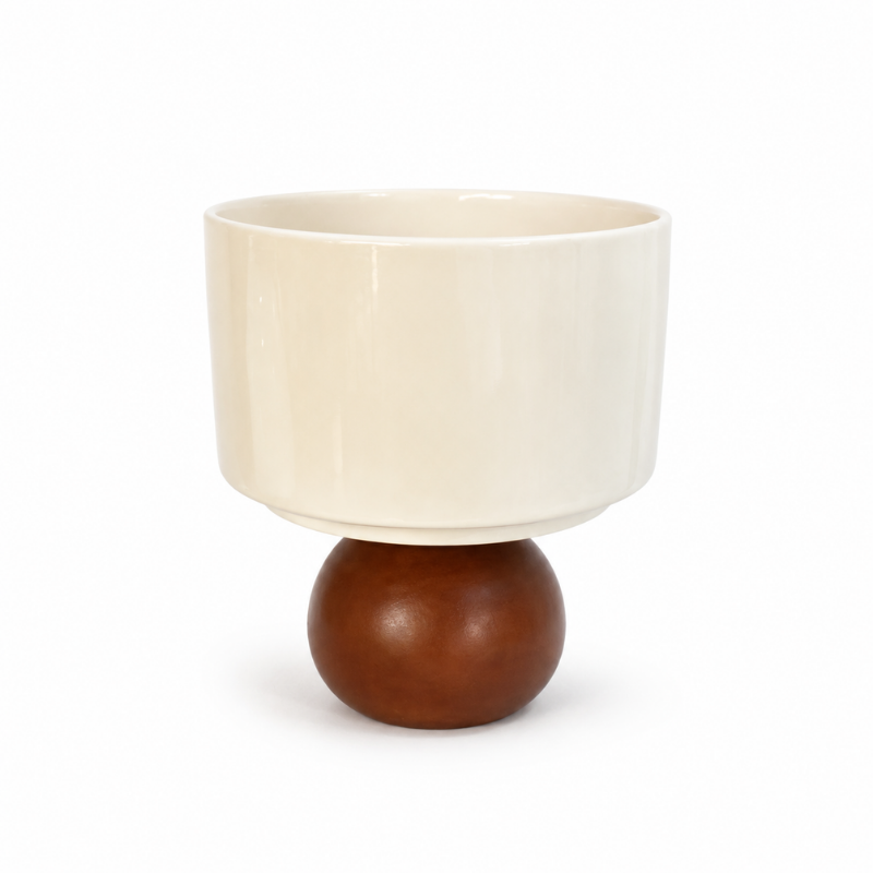 Cream Ceramic Bowl with Round Wooden Sphere Base for Dessert Serving and Display (1) Cream Ceramic Bowl with Round Wooden Sphere Base for Dessert Serving and Display - Image 1