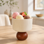 Cream Ceramic Bowl with Round Wooden Sphere Base for Dessert Serving and Display - Image 2