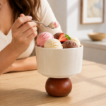 Cream Ceramic Bowl with Round Wooden Sphere Base for Dessert Serving and Display - Image 3