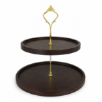 Dark Wood Tiered Serving Stand with Ornate Gold Handle for Dessert Display