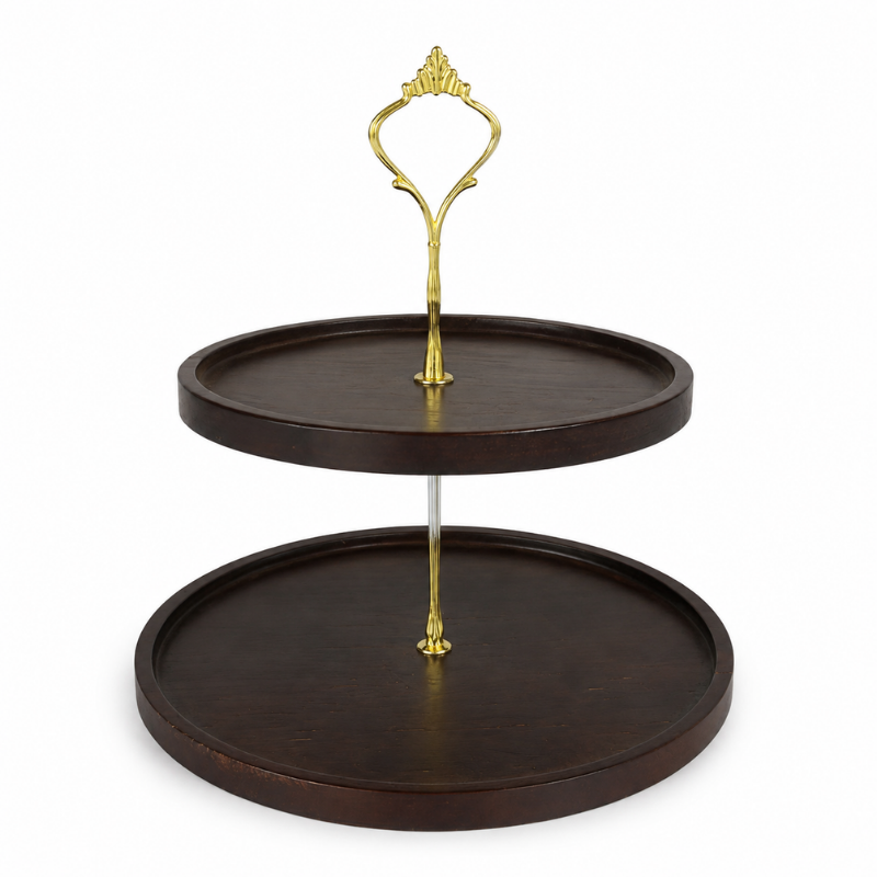 Dark Wood Tiered Serving Stand with Ornate Gold Handle for Dessert Display - 2 layer (1) Dark Wood Tiered Serving Stand with Ornate Gold Handle for Dessert Display - Image 1
