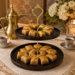 Dark Wood Tiered Serving Stand with Ornate Gold Handle for Dessert Display - Image 3