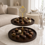 Dark Wood Tiered Serving Stand with Ornate Gold Handle for Dessert Display - Image 2