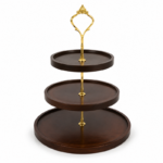 Dark Wood Tiered Serving Stand with Ornate Gold Handle for Dessert Display - Image 6