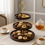 Dark Wood Tiered Serving Stand with Ornate Gold Handle for Dessert Display - Image 4