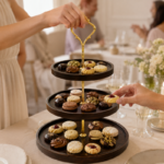 Dark Wood Tiered Serving Stand with Ornate Gold Handle for Dessert Display - Image 5