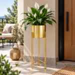 Gold Metal Planter with Vertical Loop Leg Stand for Indoor Plant Display - Image 4