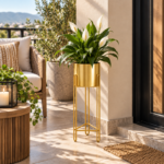 Gold Metal Planter with Vertical Loop Leg Stand for Indoor Plant Display - Image 3