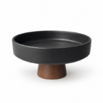 Matte Ceramic Fruit Bowl with Cone Wood Pedestal Base