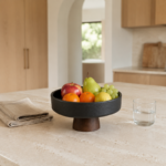 Matte Ceramic Fruit Bowl with Cone Wood Pedestal Base - Image 3
