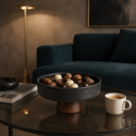 Matte Ceramic Fruit Bowl with Cone Wood Pedestal Base - Image 2
