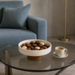 Matte Ceramic Fruit Bowl with Cone Wood Pedestal Base - Image 11