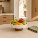 Matte Ceramic Fruit Bowl with Cone Wood Pedestal Base - Image 12