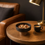 Matte Ceramic Fruit Bowl with Cone Wood Pedestal Base - Image 4