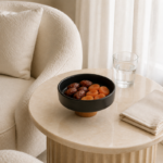 Matte Ceramic Fruit Bowl with Cone Wood Pedestal Base - Image 5