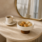 Matte Ceramic Fruit Bowl with Cone Wood Pedestal Base - Image 8