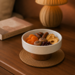 Matte Ceramic Fruit Bowl with Cone Wood Pedestal Base - Image 9