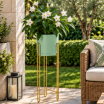 Mint Green Ceramic Planter with Gold Hairpin Leg Stand for Indoor Plant Display - Image 4