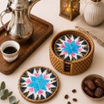Mother-of-Pearl Mosaic Rattan-Wrapped Coaster Set of 6 with Woven Storage Basket - Image 2
