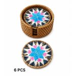Mother-of-Pearl Mosaic Rattan-Wrapped Coaster Set of 6 with Woven Storage Basket - Image 3