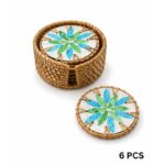 Mother-of-Pearl Mosaic Rattan-Wrapped Coaster Set of 6 with Woven Storage Basket - Image 4