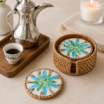 Mother-of-Pearl Mosaic Rattan-Wrapped Coaster Set of 6 with Woven Storage Basket - Image 5