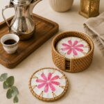 Mother-of-Pearl Mosaic Rattan-Wrapped Coaster Set of 6 with Woven Storage Basket - Image 6