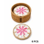 Mother-of-Pearl Mosaic Rattan-Wrapped Coaster Set of 6 with Woven Storage Basket - Image 7