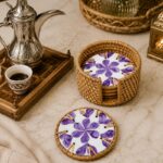 Mother-of-Pearl Mosaic Rattan-Wrapped Coaster Set of 6 with Woven Storage Basket - Image 8
