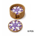 Mother-of-Pearl Mosaic Rattan-Wrapped Coaster Set of 6 with Woven Storage Basket - Image 9