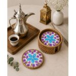 Mother-of-Pearl Mosaic Rattan-Wrapped Coaster Set of 6 with Woven Storage Basket - Image 10