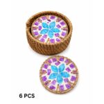 Mother-of-Pearl Mosaic Rattan-Wrapped Coaster Set of 6 with Woven Storage Basket - Image 11