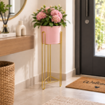 Pink Ceramic Planter with Gold Hairpin Leg Stand for Indoor Plant Display - Image 5
